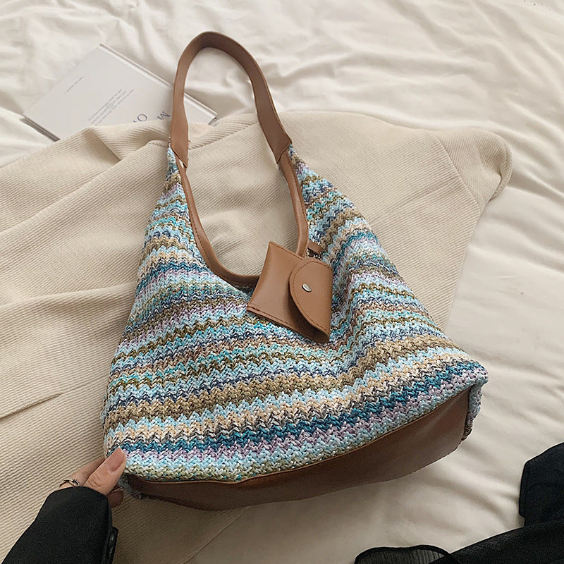 Women Fashion Casual Large Capacity Contrast Color Hand Woven Tote Bag