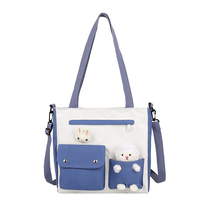 Women Cute Cartoon Doll Decoration Pocket Design Color Blocking Canvas Shoulder Bag
