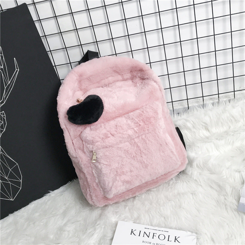 Women Casual Zipper Heart Pendant Design Solid Color Plush Large Capacity Backpack