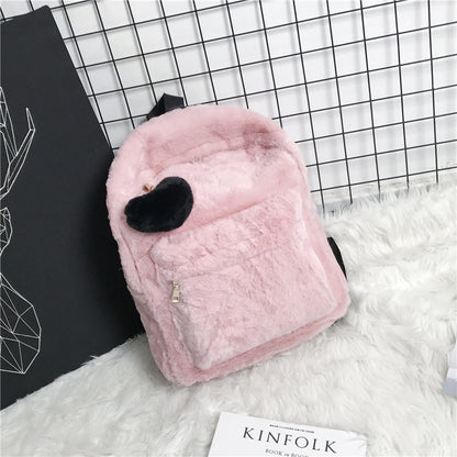 Women Casual Zipper Heart Pendant Design Solid Color Plush Large Capacity Backpack