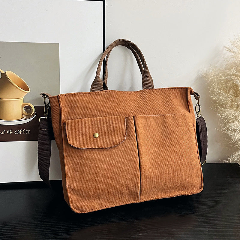 Women Casual Simple Solid Color Large Capacity Corduroy Handbag