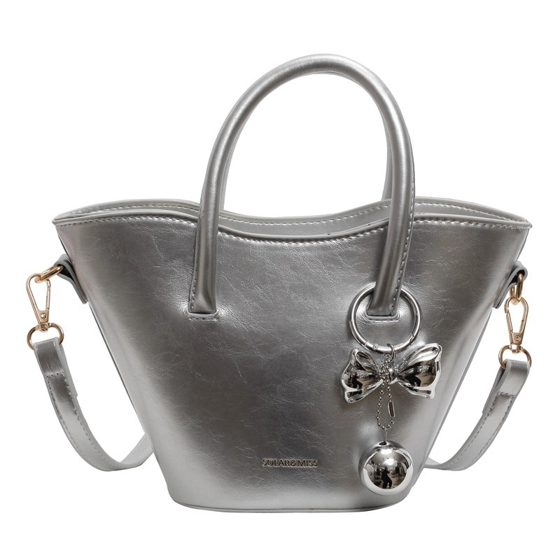 Women Fashionable Simple Bow Ball Pendant PU Handle Shoulder Bag