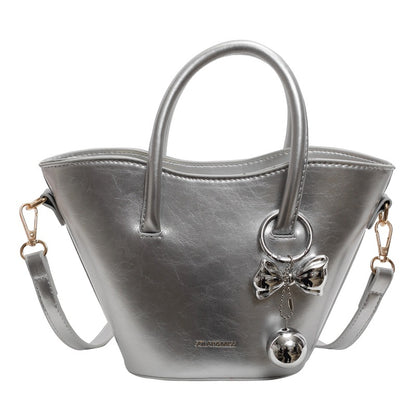 Women Fashionable Simple Bow Ball Pendant PU Handle Shoulder Bag