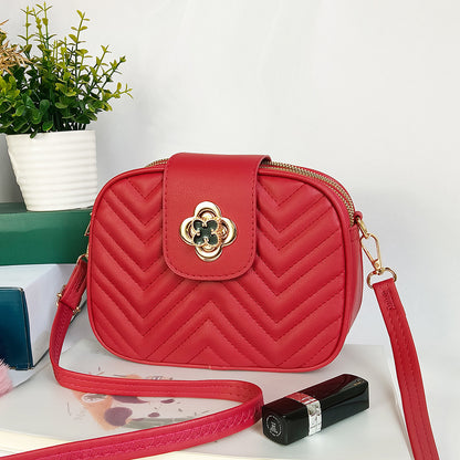 Sac à bandoulière en PU à trois couches avec fermeture éclair et broderie florale à rayures de couleur unie pour femme 