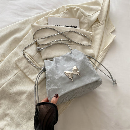 Summer Women Fashionable Solid Color Butterfly Decoration Drawstring Bucket Crossbody Bag