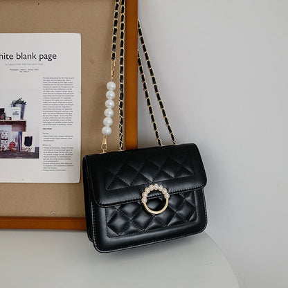 Sac à bandoulière matelassé à carreaux pour femme, élégant, avec chaîne et perles, couleur unie