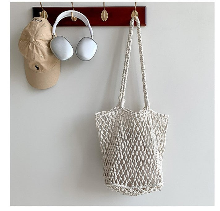 Women Casual Solid Color Hollow Woven Large Capacity Tote Shoulder Bag