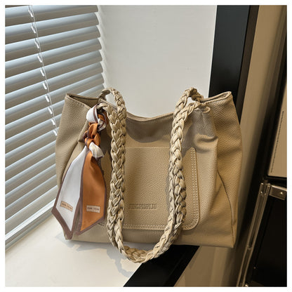 Women Fashionable Solid Color Silk Scarf Decorative Large Capacity PU Tote Bag