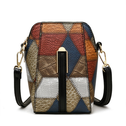 Sac à bandoulière en PU à motif patchwork de diamants et blocs de couleurs irréguliers pour femmes 