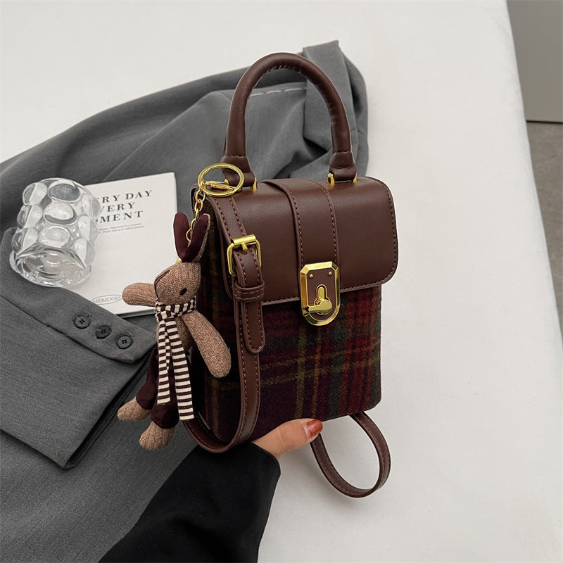 Women Fashion Woolen Plaid Flap Cartoon Pendant Shoulder Crossbody Bag