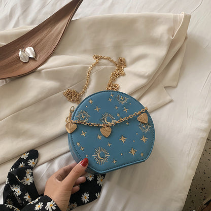 Petit sac rond rétro à chaîne, sac à bandoulière brodé bleu tendance 