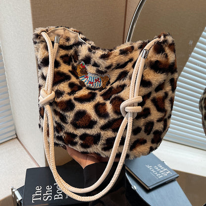 Sac à bandoulière en peluche léopard grande capacité pour femme 