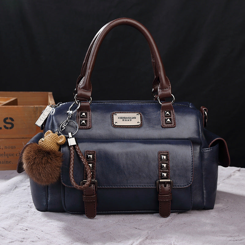 Women Fashion Retro Large Capacity Rivet Fur Ball Pendant PU Handle Shoulder Bag