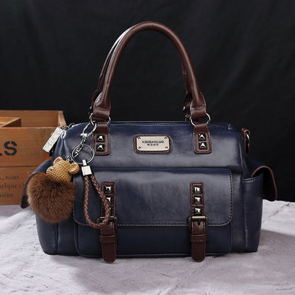Women Fashion Retro Large Capacity Rivet Fur Ball Pendant PU Handle Shoulder Bag