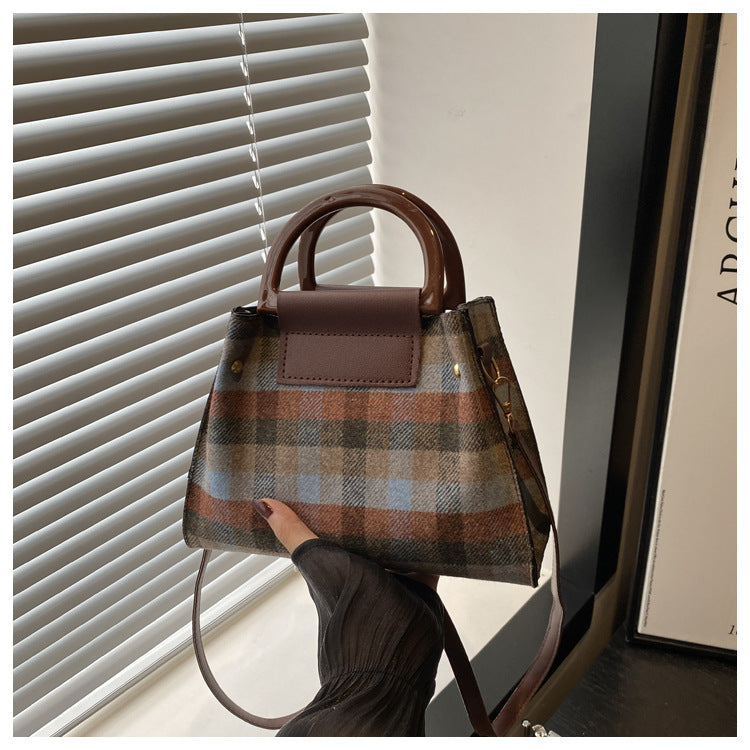 Sac seau décontracté à bandoulière en laine à carreaux rétro pour femme 