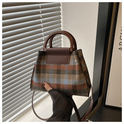 Sac seau décontracté à bandoulière en laine à carreaux rétro pour femme 
