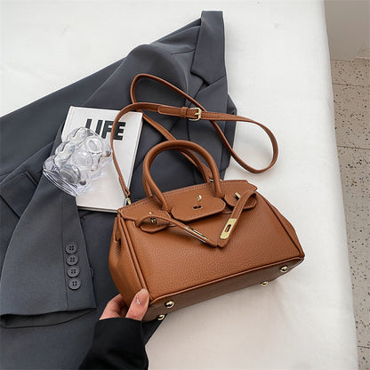 Women Fashion Solid Color Lock PU Handle Shoulder Bag