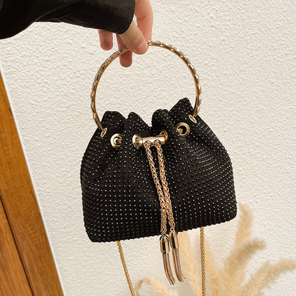 Women Fashion Fine Flash Rhinestone Tassel Drawstring Bucket Crossbody Bag