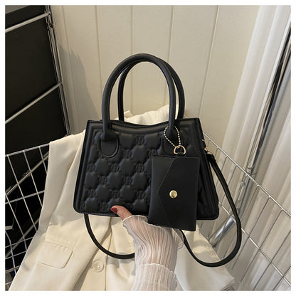 Women Fashionable Round Diamond Creased Square PU Handle Crossbody Bag