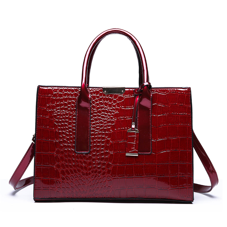 Women Vintage Zipper Design Crocodile Pattern Large Capacity PU Handle Bag