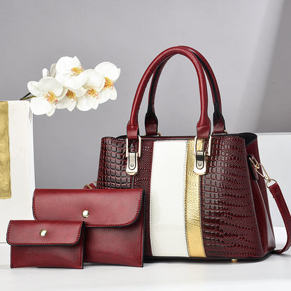 Women Fashion Casual Bright Leather Stone-Print Large Capacity Handbag Three-Pice Set