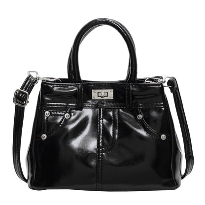 Women Fashion Simple Lock Denim PU Handle Shoulder Bag