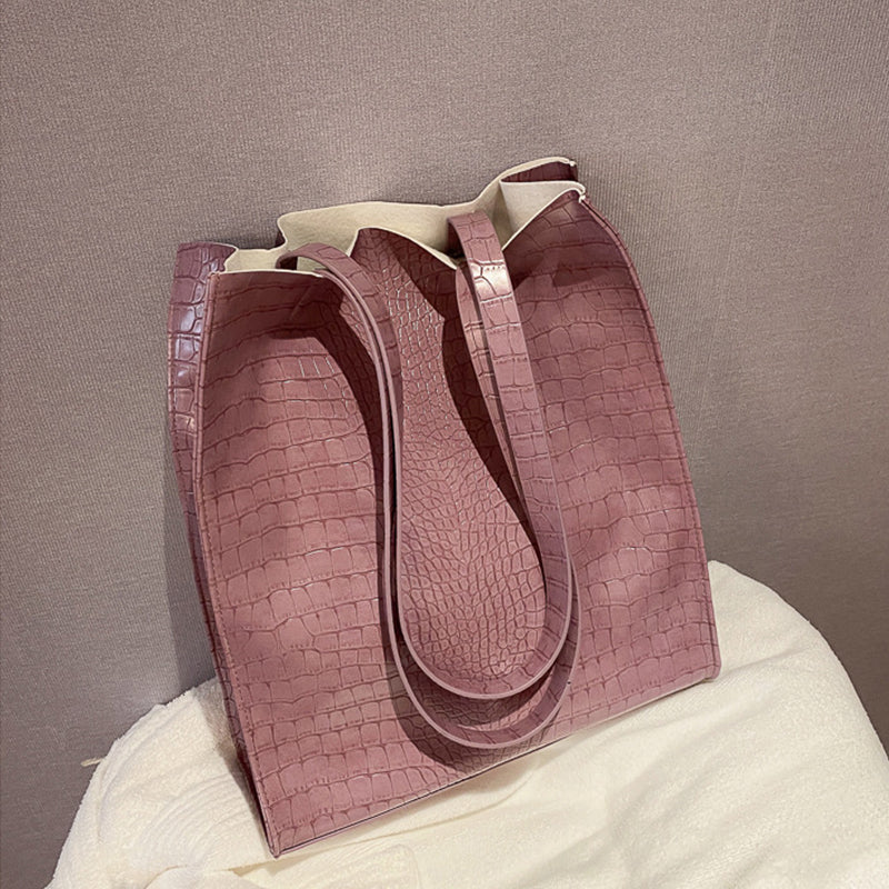 Women Fashion Basic Crocodile Pattern Large Capacity PU Shoulder Bag