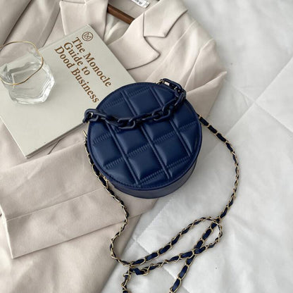 Sac à bandoulière rond en PU pour femme, joli sac à chaîne avec fermeture éclair, couleur unie, motif écossais gaufré 