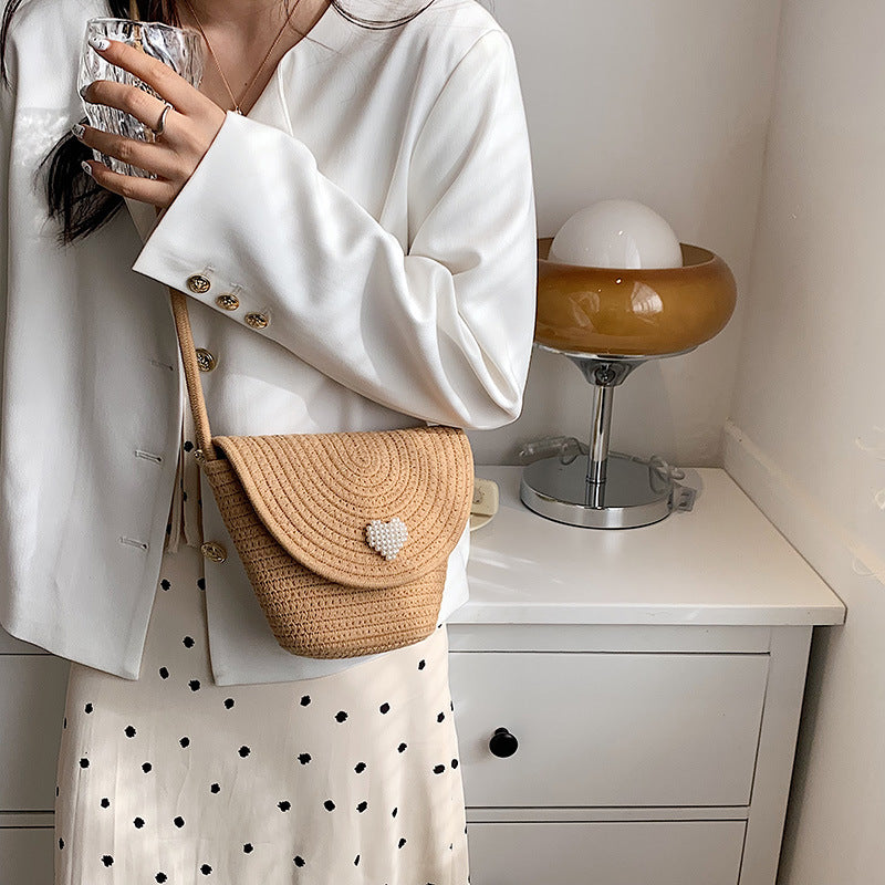 Women Fashionable Casual Straw Woven Heart-Shaped Pearl-Embellished Flap-On Crossbody Bag