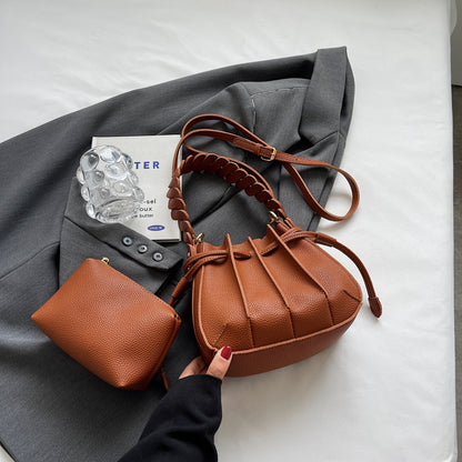 Women Fashionable Simple Solid Color Creased Strap PU Bucket Crossbody Bag
