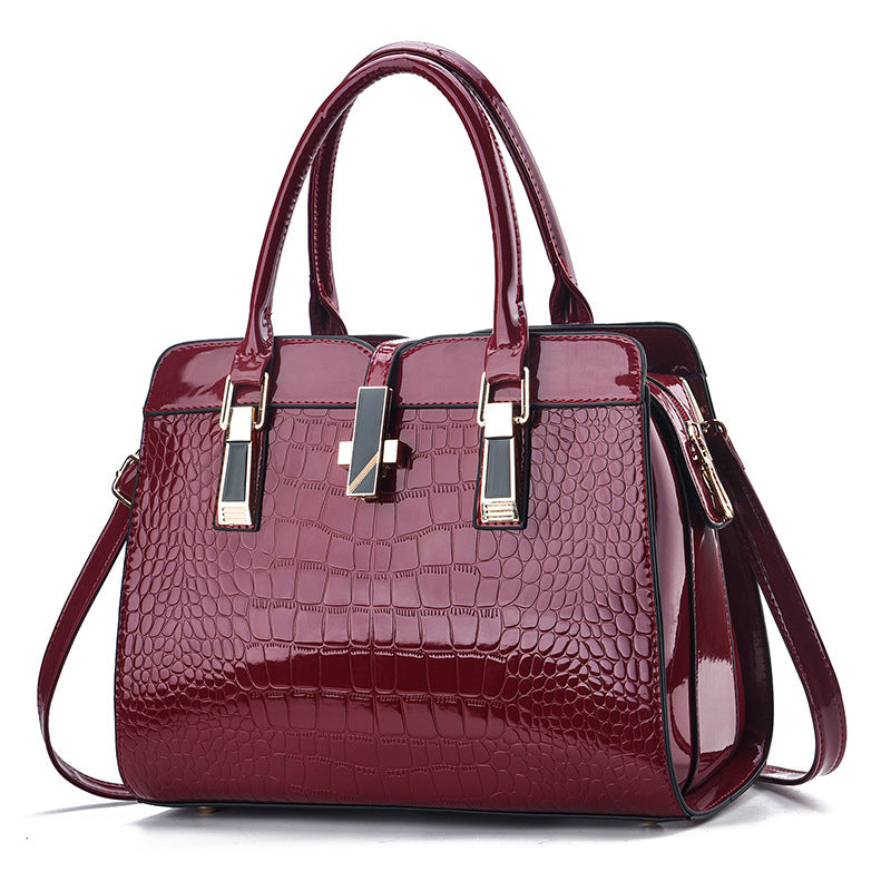 Women Fashion Bright Leather Large Capacity Crocodile Print Square Handbag