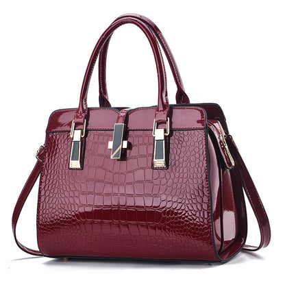Women Fashion Bright Leather Large Capacity Crocodile Print Square Handbag