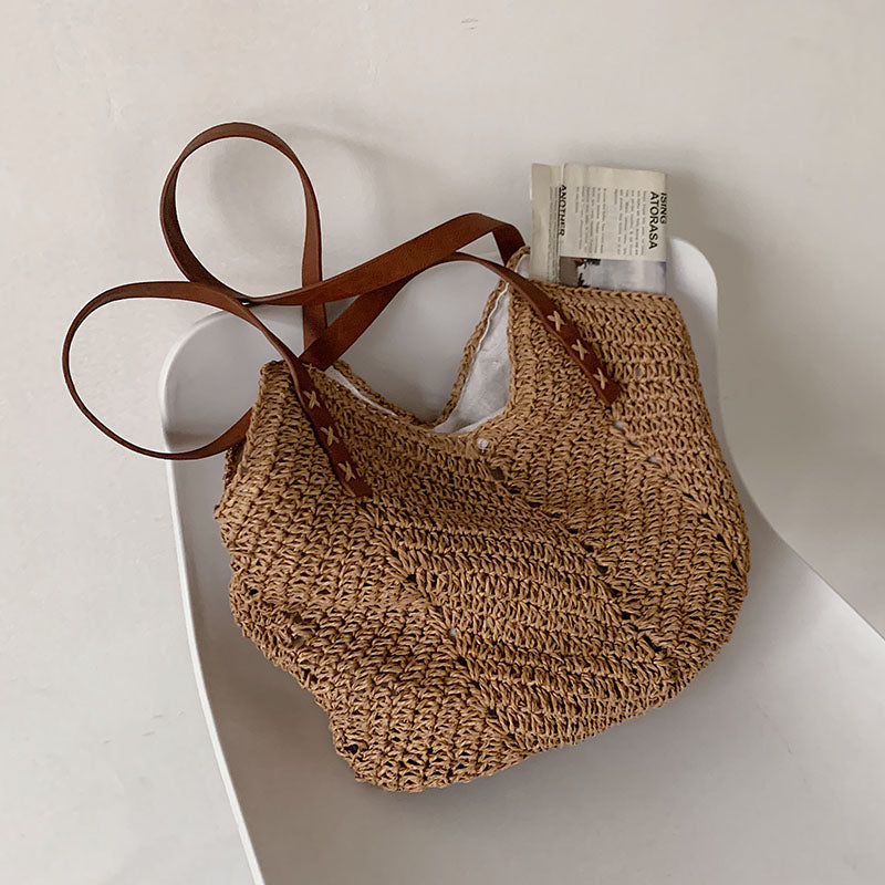 Sac à bandoulière en paille pour femme, décontracté, tissé creux, couleur unie, grande capacité 