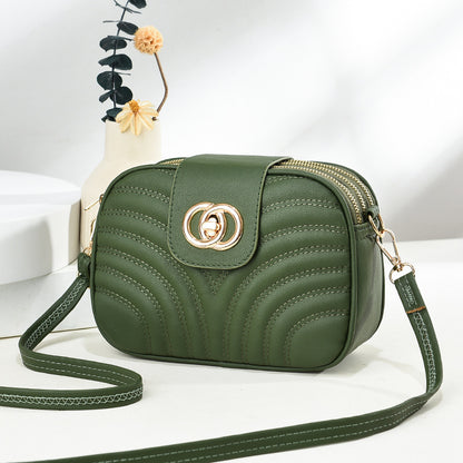 Sac à bandoulière en PU à trois couches avec fermeture éclair et broderie à rayures de couleur unie pour femme 