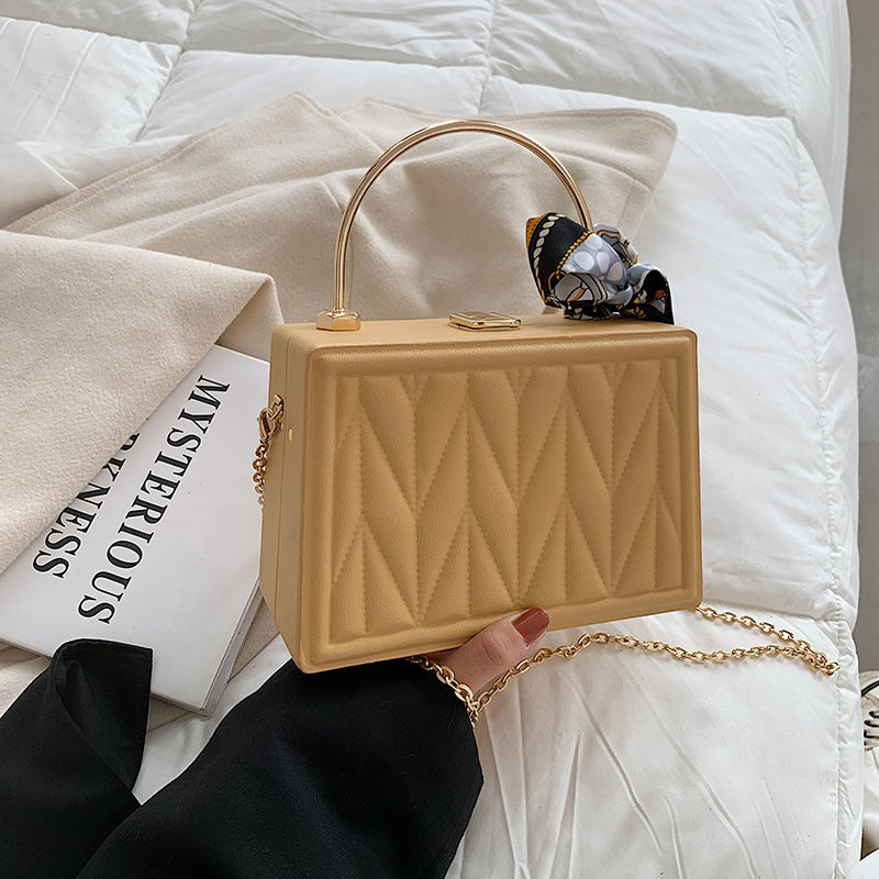 Women Fashion Elegant PU Silk Scarf Solid Color Square Chain Shoulder Clutch Bag
