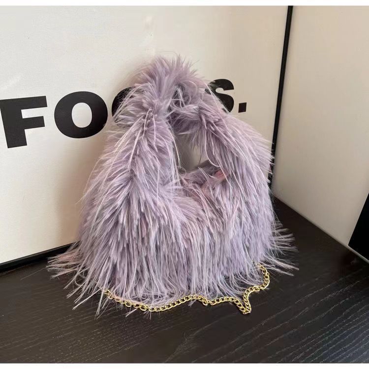 Sac à bandoulière en peluche avec pompon et poignée en chaîne pour femme, mode automne-hiver 