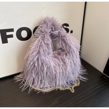 Sac à bandoulière en peluche avec pompon et poignée en chaîne pour femme, mode automne-hiver 