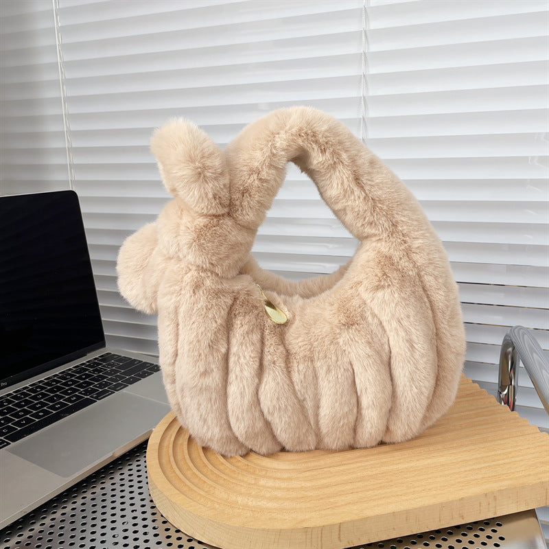 Women'S Fashion Solid Color Bow Crinkled Plush Cloud Shell Handbag