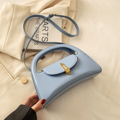 Women Chic Flap Buckle Design Solid Color PU Handle Bag
