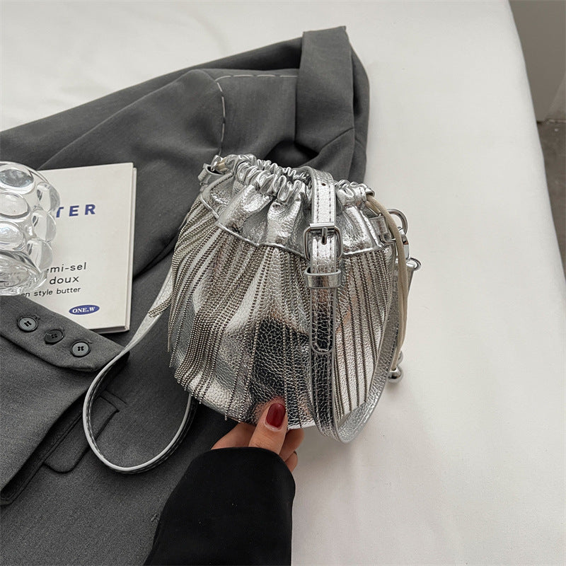 Women Fashion Casual Solid Color Tassels Bucket Shoulder Bag