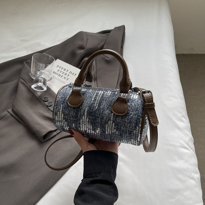 Sac à bandoulière cylindrique à paillettes vintage avec fermeture éclair 