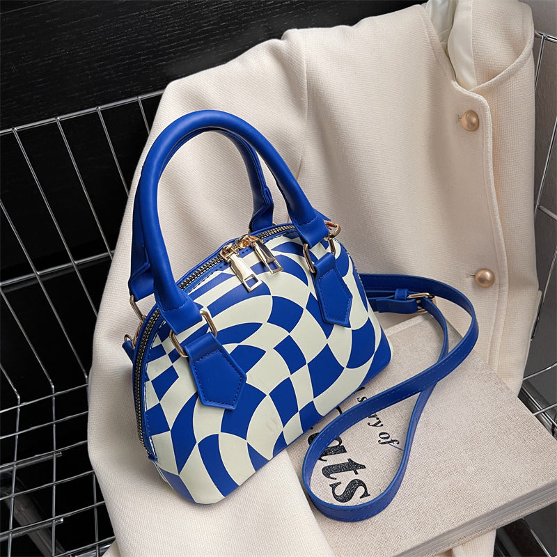 Women Chic Zipper Design Shell ShapedColor Blocking PU Handle Bag