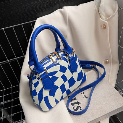 Women Chic Zipper Design Shell ShapedColor Blocking PU Handle Bag