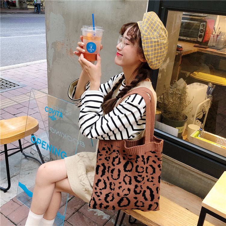 Knitted Shopping Bag Leopard Woven One-Shoulder Casual Portable Shoulder Handle Bag