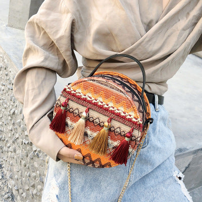 Women Boho Tassel Decorative Woven Design Color Blocking Crossbody Bag