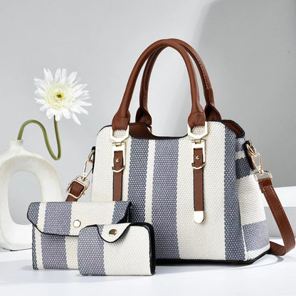 Fashion Stripe Canvas Contrast Large-Capacity Handbag Three-Piece Set