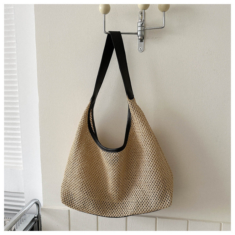 Women Casual Solid Color Woven Large Capacity Tote Bag
