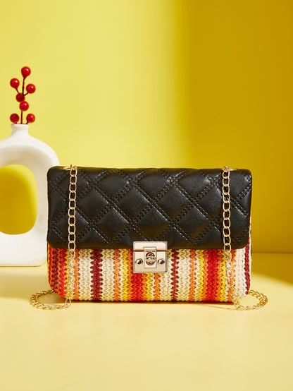 Sac à bandoulière carré en diamant tissé multicolore pour femme 