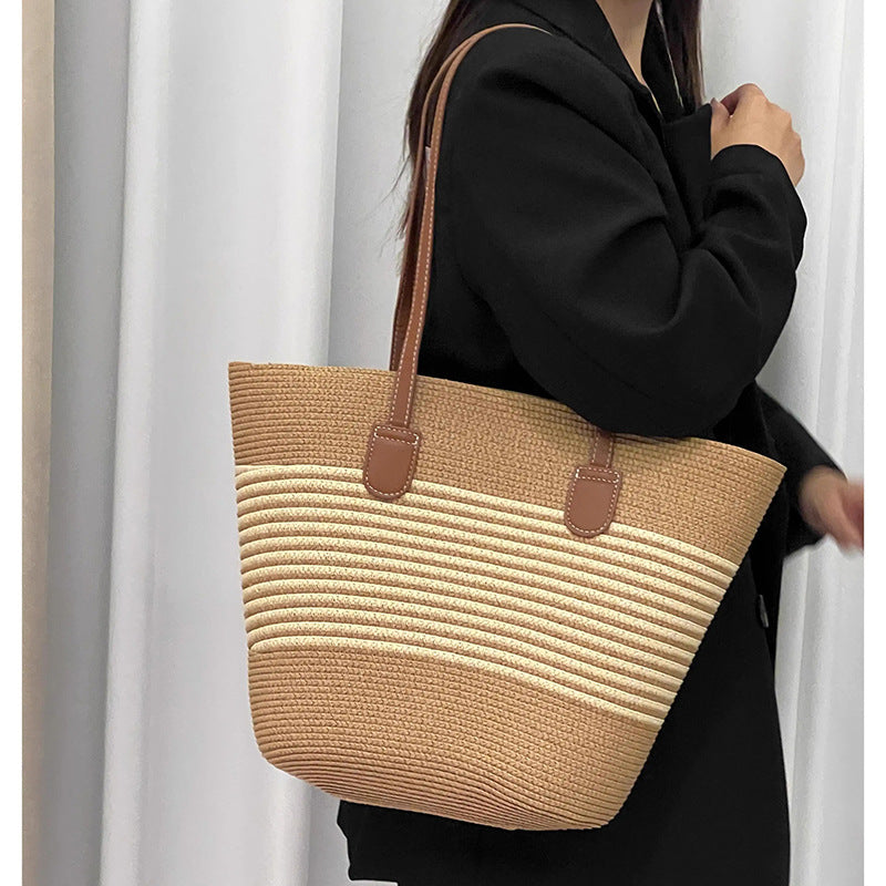 Summer Women Fashionable Stripe Straw Woven Large Capacity Tote Bag