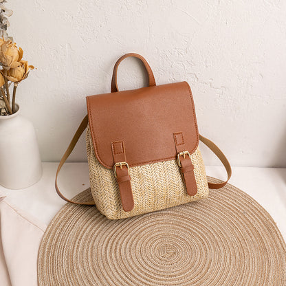 Women Fashion Simple Vacation Beach Large Capacity Straw Woven Magnetic Button Flap Backpack